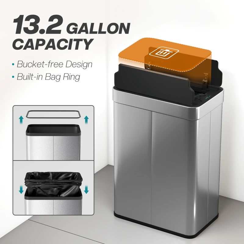 HOMCOM 14.5 Gal (55 L) Sensor Can, Garbage Can with Soft-Close Butterfly Lid, Fingerprint-Proof Stainless Steel, Silver
