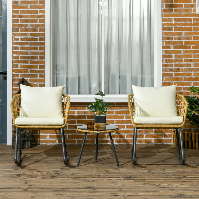 Outsunny Wicker Outdoor Rocking Chair Set, 3 Piece Patio Bistro Set with 2 Porch Rocker Chairs, Glass Top Coffee Table and Cushions, Patio Conversation Set for Balcony, Backyard, Cream White
