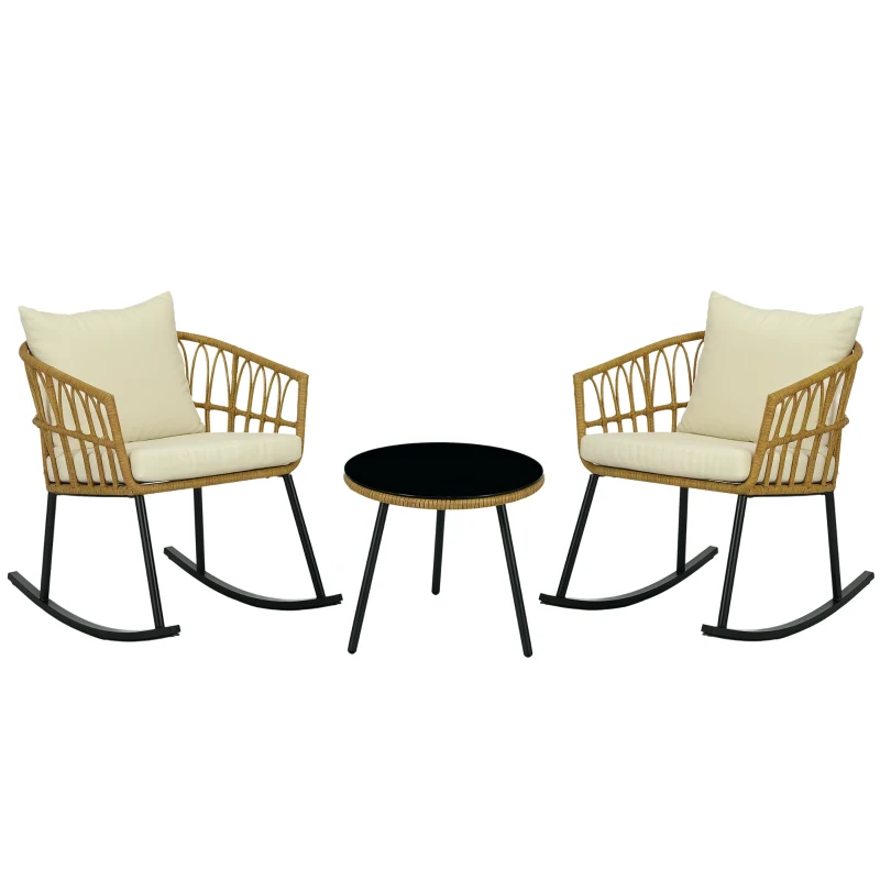 Outsunny Wicker Outdoor Rocking Chair Set, 3 Piece Patio Bistro Set with 2 Porch Rocker Chairs, Glass Top Coffee Table and Cushions, Patio Conversation Set for Balcony, Backyard, Cream White