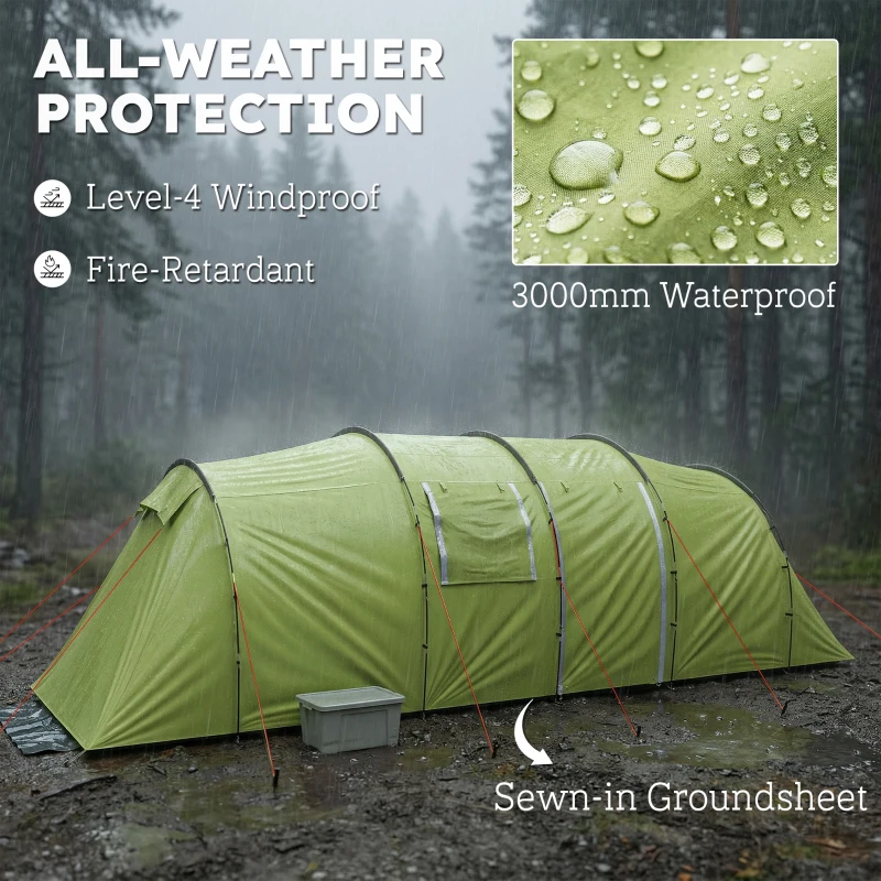Outsunny 6 Person Camping Tent with Porch, Large Family Tent with 2 Bedroom and Living Room, Light Green