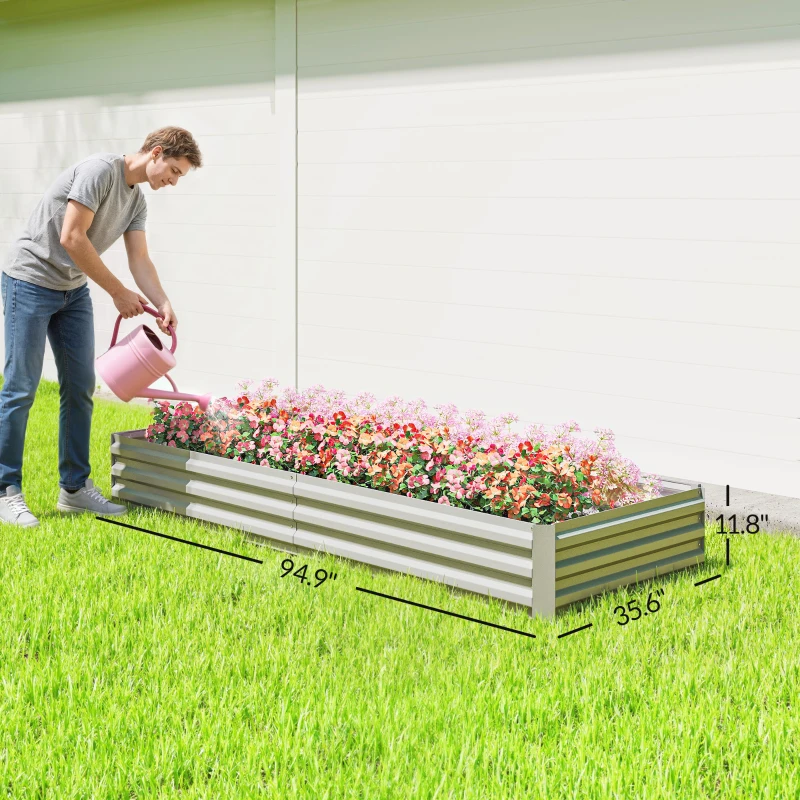 Outsunny 95" x 36" x 12" Galvanized Raised Garden Bed, Easy DIY and Cleaning for Growing Flowers, Herbs, Succulents, Silver