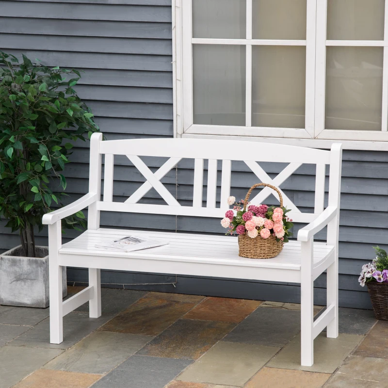 Outsunny 2-Seater Wooden Garden Bench, 4FT Outdoor Patio Loveseat with Unique X-Shape Back for Yard, Lawn, Porch, White