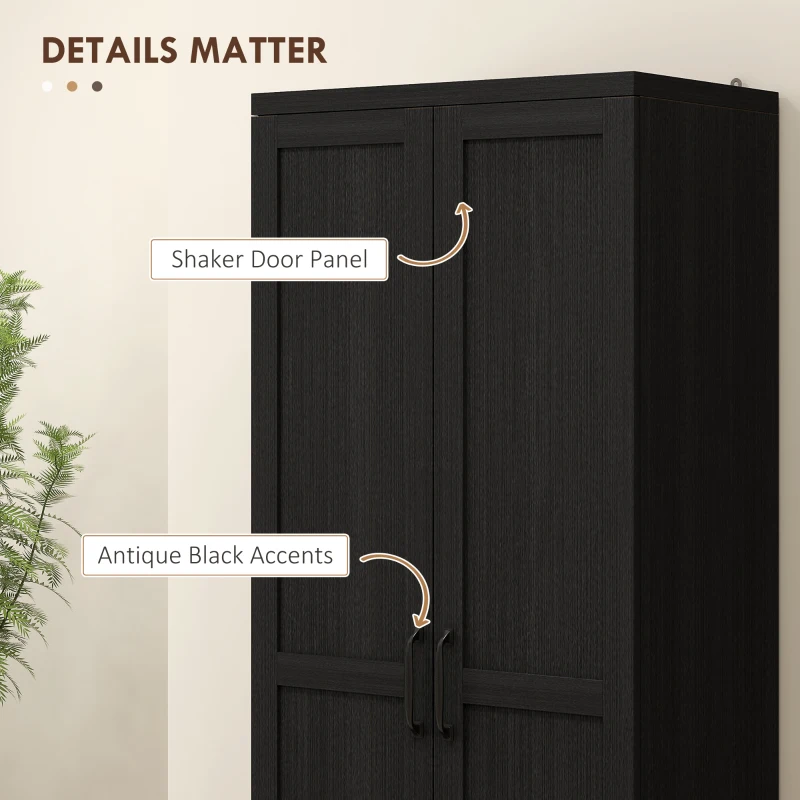 HOMCOM 63" 2-Door Kitchen Pantry, Freestanding Cabinet with 2 Adjustable Shelves for Dining Room, Cinnamon Black Wood Grain