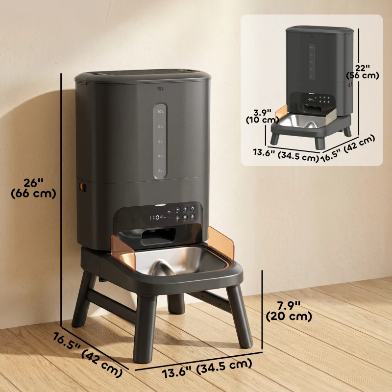 PawHut 15L/63 Cups Anti-Clog Automatic Dog Feeder for Large Breed up to 23mm, Elevated Design,  Dual Power, Easy to Set Up