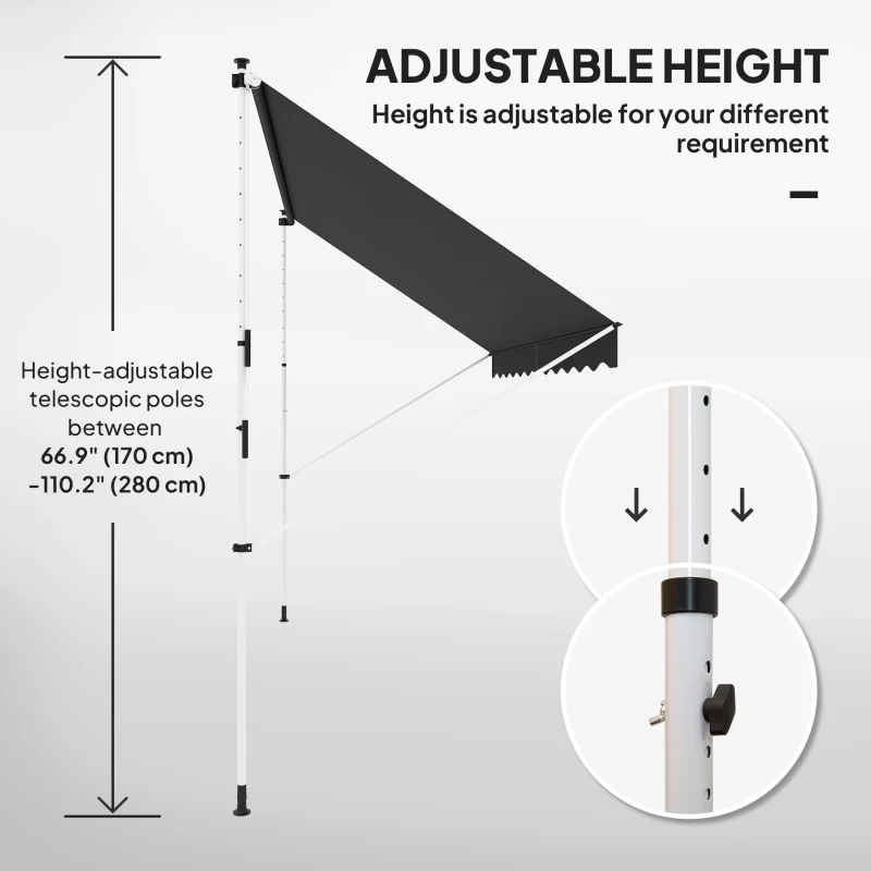 Outsunny 10x5ft Patio Sun Shade Canopy, Manual Retractable Awning with 5.6-9.2ft Support Pole for Window, Door, Porch, Black