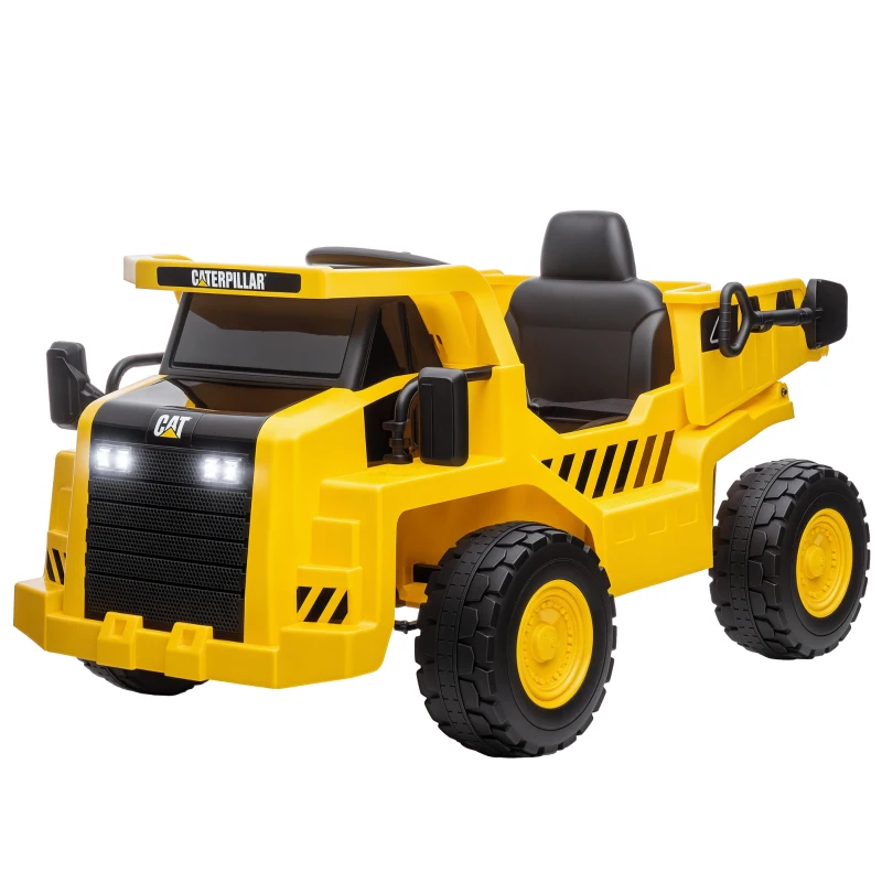 Qaba Caterpillar Licensed 12V Electric Ride on Excavator w/ Remote, Bucket, Shovel, Music, Loudspeaker for Ages 3-6, Yellow