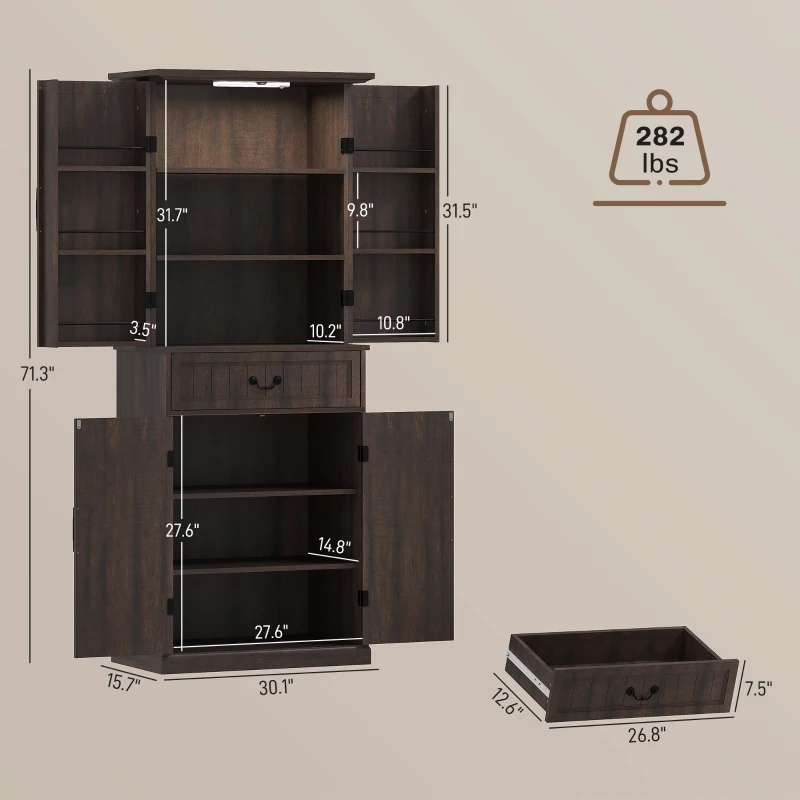 HOMCOM 71" LED Kitchen Pantry Cabinet, Farmhouse Storage Cabinet with Door Shelves, Distressed Brown