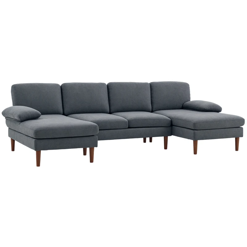 HOMCOM U Shape Couch with Double Chaise Lounge, Modern 4 Seater Sofa with Wooden Legs, Fabric Sofa for Living Room, Dark Grey