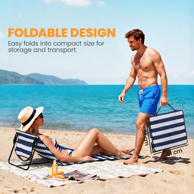 Outsunny Set of 2 Foldable Lounge Chairs with Carry Strap, Adjustable Backrest, Blue and White