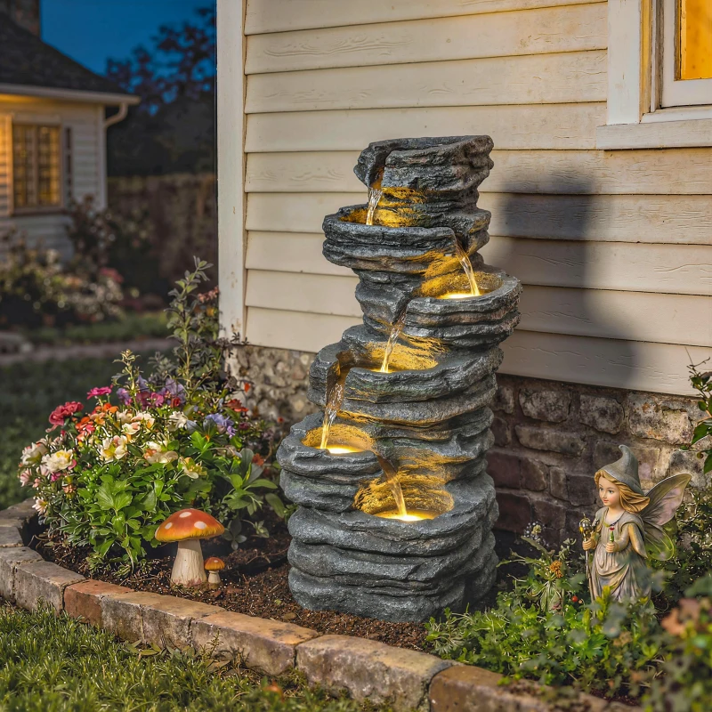 Outsunny 40" Tall Outdoor Waterfall Fountain with LED Lights, 6-Tier Cascading Waterfall Feature, Resin Garden Fountain, Gray