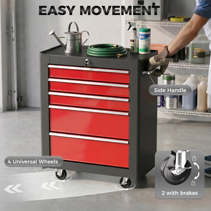 HOMCOM Lockable Tool Cabinet, 5-Drawer Rolling Tool Chest with 4 Universal Wheels, Black and Red