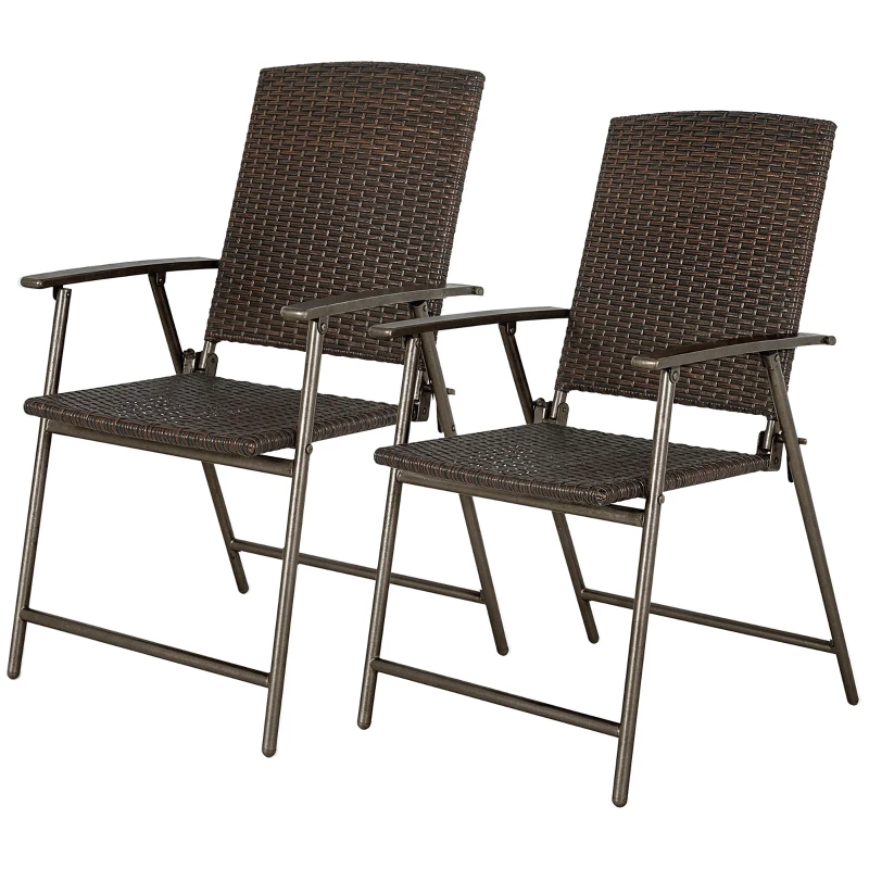 Outsunny Outdoor Wicker Dining Chair Set of 2, 2 Pieces Rattan Foldable Chair with Steel Frame for Garden, Backyard, Porch, Brown