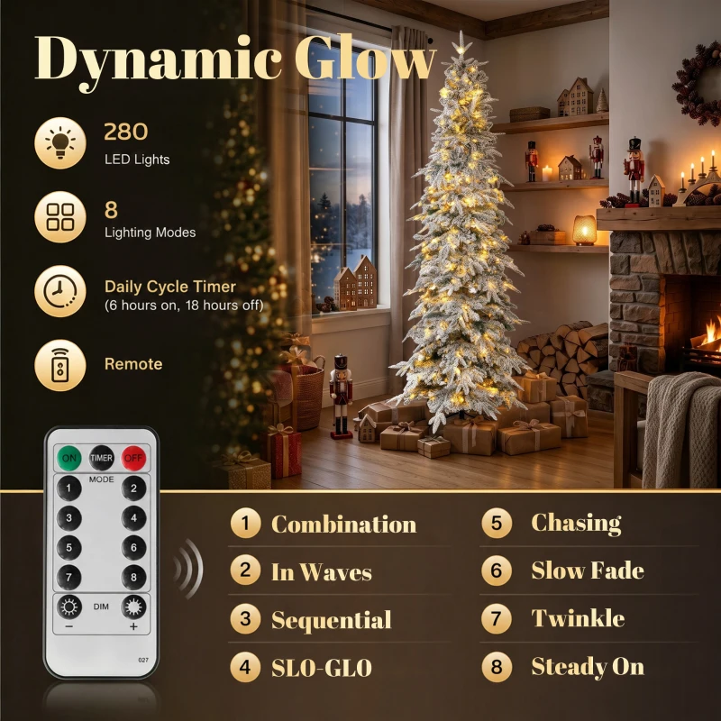 HOMCOM 6ft Prelit Flocked Christmas Tree, Downswept Pencil Hinged Xmas Tree with LED Lights, 8 Modes, Daily Timer, Remote