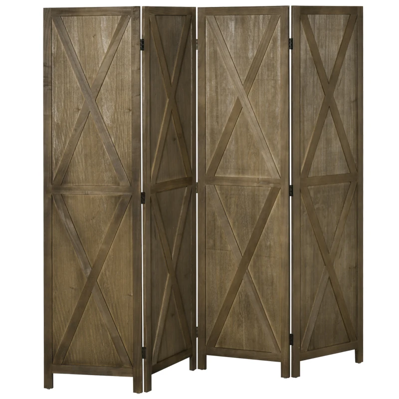 HOMCOM 4-panel Wall Partition Farmhouse Room Separator with Foldable Design Wooden Frame 5.6FT, Brown