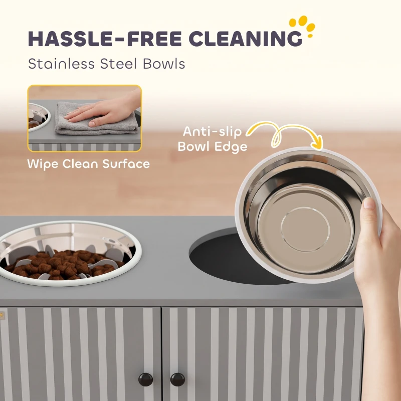 PawHut Elevated Dog Bowls with Storage Cabinet,  2 Stainless Steel Bowls, Slow Feeder, Dog Feeding Station for Large Dogs, Gray