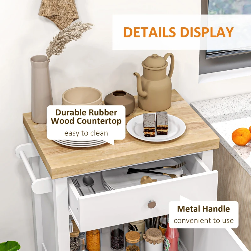 HOMCOM Kitchen Cart on Wheels, Rolling Kitchen Island Cart with Wood Top, Towel Rack, Drawer and Shelf for Dining Area, White