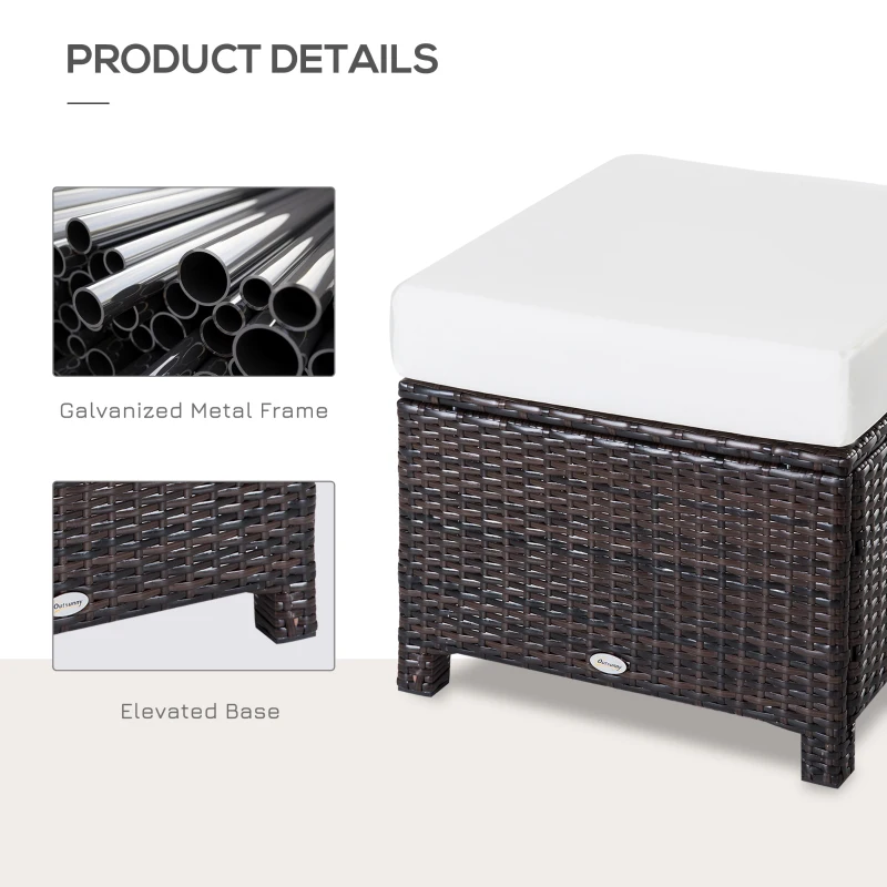 Outsunny 20" Patio Wicker Ottoman, Multipurpose Outdoor PE Rattan Footrest, Additional Seating, Side Table with Soft Cushion, Dark Brown, Cream White