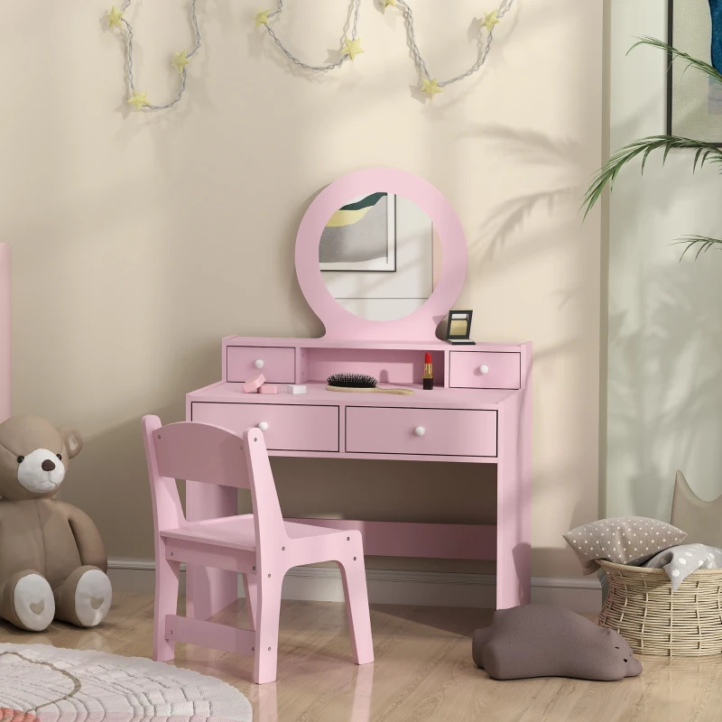 Qaba Kids Vanity Set, Children Makeup Table with Mirror, Stool and Storage Drawers, for Ages 3-8, Pink