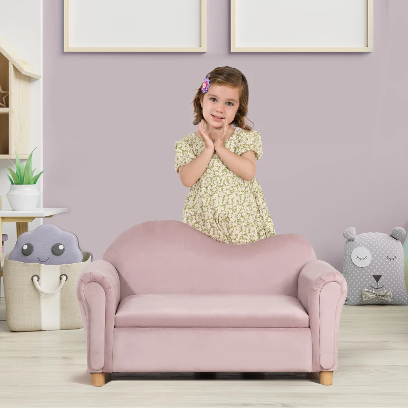 Qaba Ergonomic Foam Kids Sofa with Inner Toy Storage Chest, Velvet Kids Couch with Soft Arms, Children's Lounge Furniture, Pink
