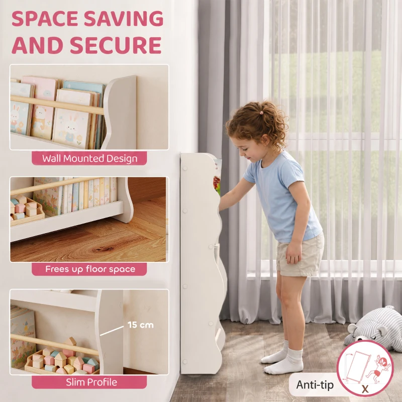 Qaba 3-Tier Kids Bookshelf Wall Mounted, Floating Children's Bookcase for Playroom, Living Room, for 3-8 Years, White