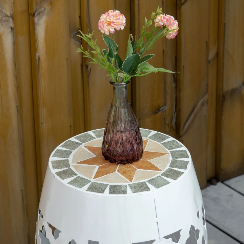 Outsunny Decorative Outdoor Stool, 12" Round Patio Side Table, Mosaic Accent Plant Stand for Garden, Balcony, White