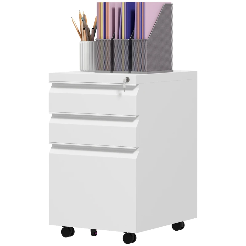 Vinsetto 3 Drawer File Cabinet with Lock, Steel Vertical Filing Cabinet with 5 Wheels and Hanging Bar for A4/Legal/Letter, Home Office Printer Stand with Pre-Assembled Body, White