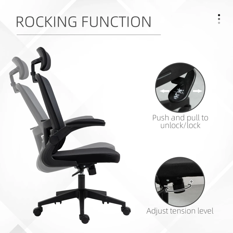 Vinsetto High Back Mesh Chair, Home Office Task Computer Chair with Adjustable Height, Lumbar Back Support, Headrest, and Arms, Black