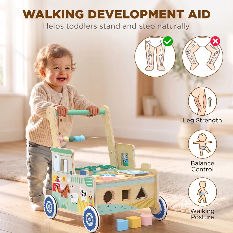 Qaba Wooden Baby Walker for 1-3 Year, Montessori Inspired Push Along Walker Toys, Multifunctional Activity Centre