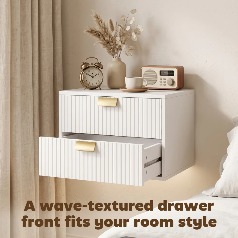 HOMCOM Modern Floating Nightstands Set of 2, Wall Mounted Bedside Tables with 2 Wave Drawers White