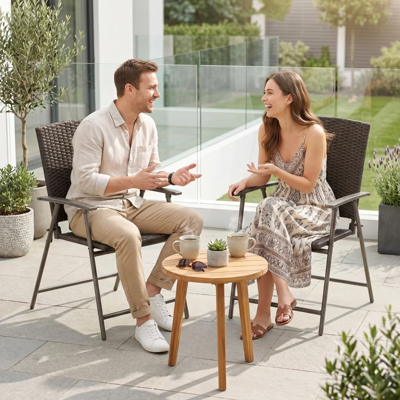 Outsunny Outdoor Wicker Dining Chair Set of 2, 2 Pieces Rattan Foldable Chair with Steel Frame for Garden, Backyard, Porch, Brown