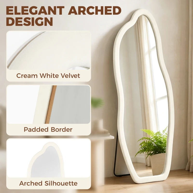 HOMCOM Standing Mirror, 63" x 23.6" Full Length Mirror with Velvet Padded Frame and Arched Top, Cream White