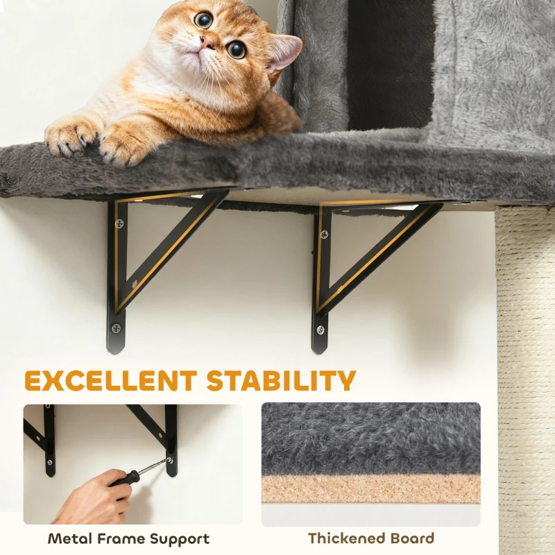 PawHut 4Pcs Cat Wall Shelves with Scratching Post & Pad, Condo, Hammock, Bed, Step, Hanging Pompoms, Perches