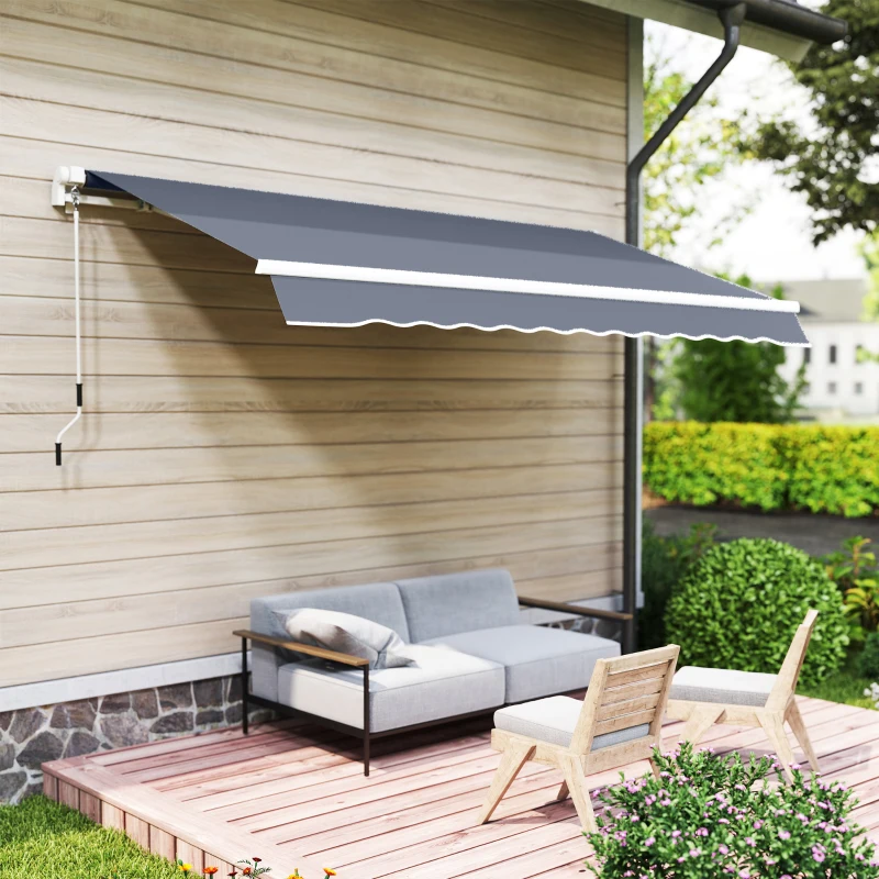 Outsunny 12' x 8' Patio Awning, Canopy Retractable Sun Shade Shelter w/ Manual Crank Handle for Deck, Yard, Dark Gray