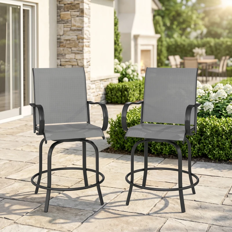 Outsunny Outdoor Bar Stools Set of 2, 360° Swivel Bar Height Chairs, 26.75" x 29.5" x 48.5", Gray