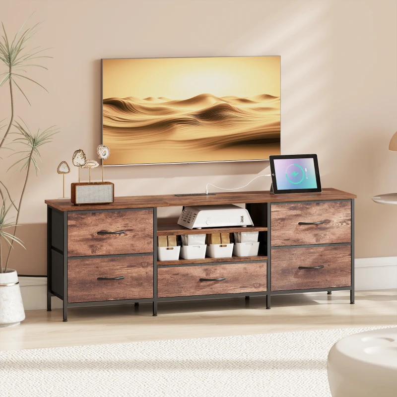 HOMCOM TV Stand for TVs up to 65 Inch, Industrial TV Console with Charging Station, 5 Drawers and Open Shelves, Rustic Brown
