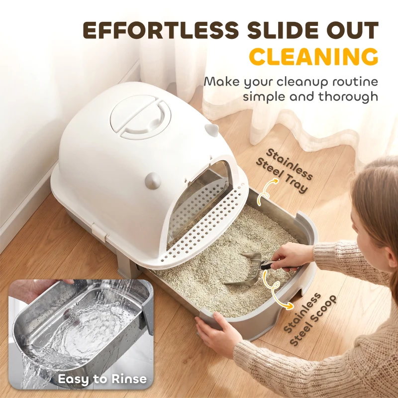 PawHut Stainless Steel Cat Litter Box Easy to Clean Kitty Litter Box with Slide-Out Tray Large Gray