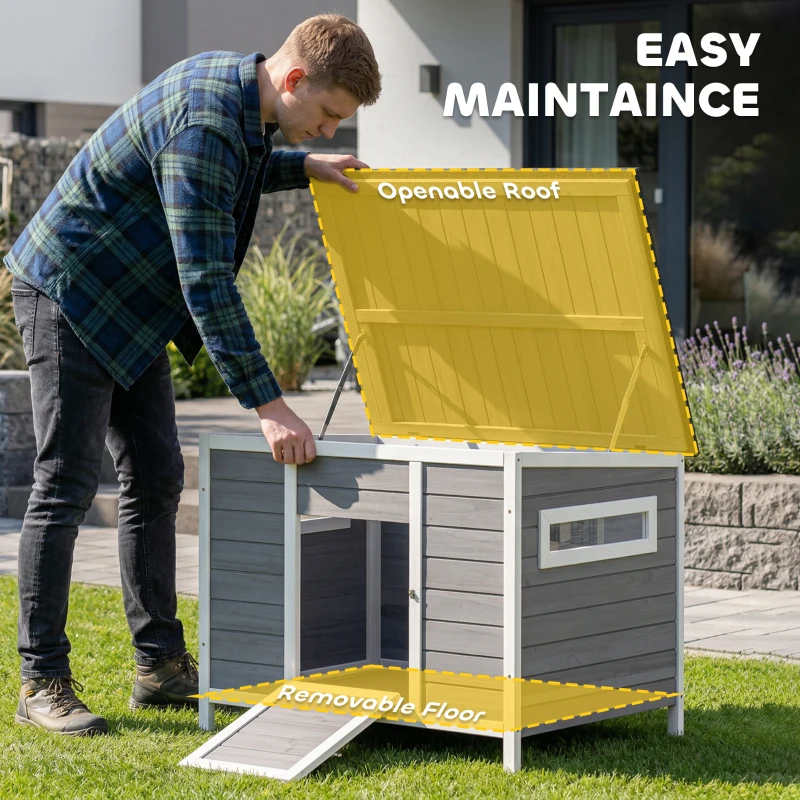 PawHut Duck Coop, Wooden Duck House Rabbit Hutch with Openable Roof, Removable Base, Elevated Legs, Ramp, Ventilated Windows