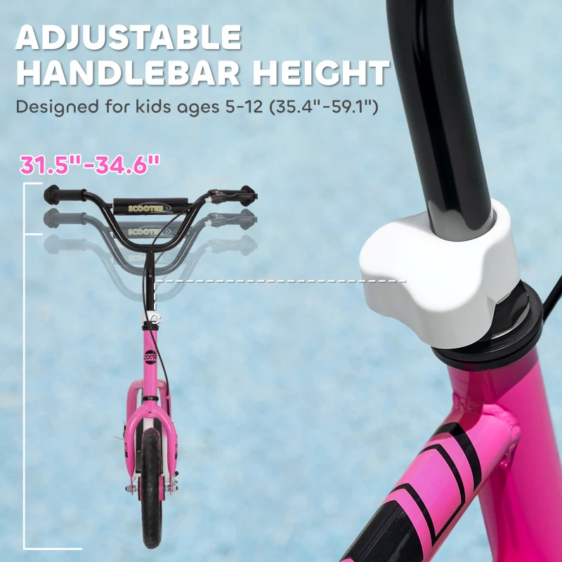 Qaba Kids Scooter, Lightweight Scooter with Adjustable Handlebar, Rear Brake, Kickstand, 12" EVA Wheels, for 5-12 Y, Pink