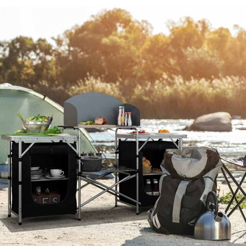 Outsunny Aluminum Camping Table, Folding Camping Kitchen with Windshield, Cupboards and Carrying Bag, for BBQ Camp Party Picnic