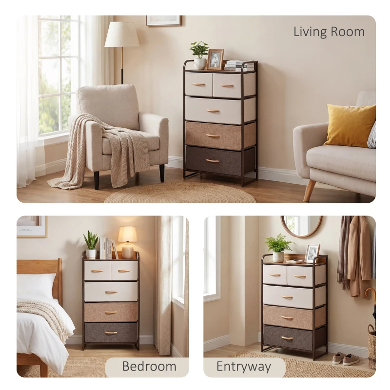 HOMCOM 5-Drawer Fabric Dresser Tower, 4-Tier Storage Organizer with Steel Frame for Hallway, Bedroom, and Closet, Maple Wood