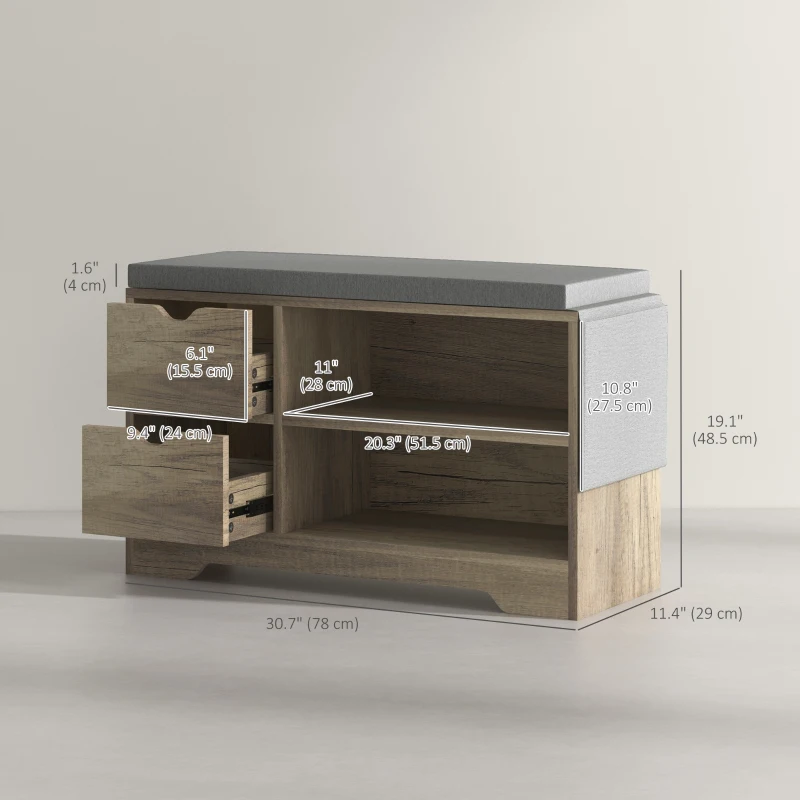 HOMCOM Upholstered Shoe Storage Bench w/ Seat, Entrance Bench w/ Drawer Open Shelves and Pocket for Hallway, Grey