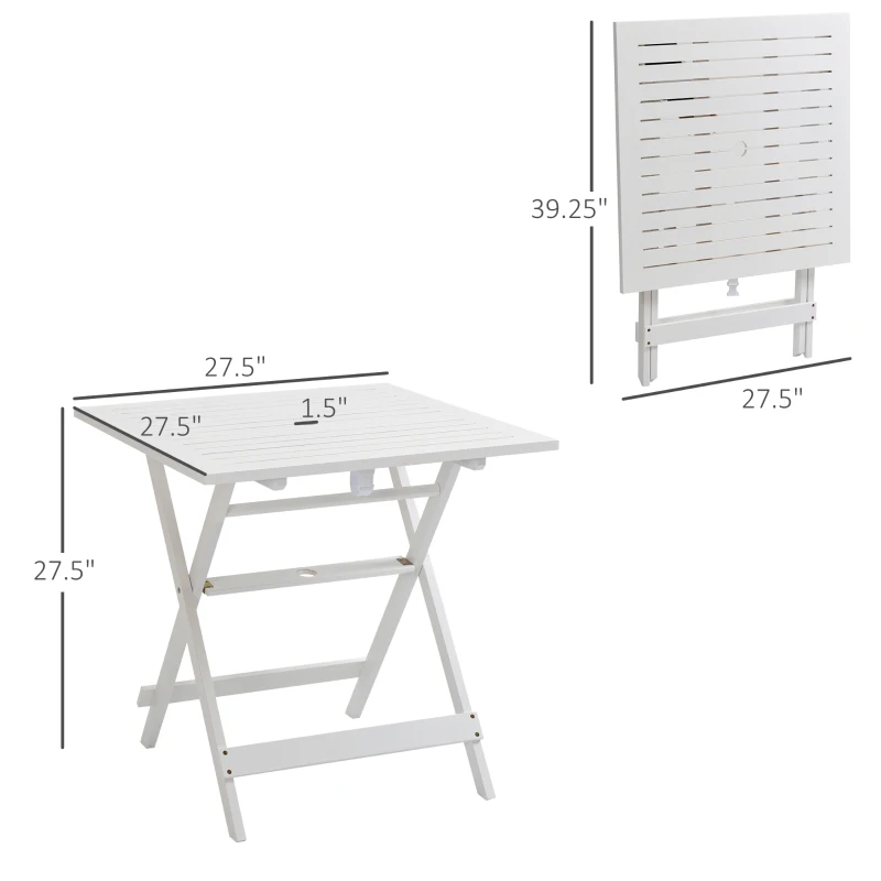 Outsunny Foldable Dining Table, Square Wood Side Table, Portable Bistro Table with Umbrella Hole for Outdoor Patio, Garden or Backyard, White