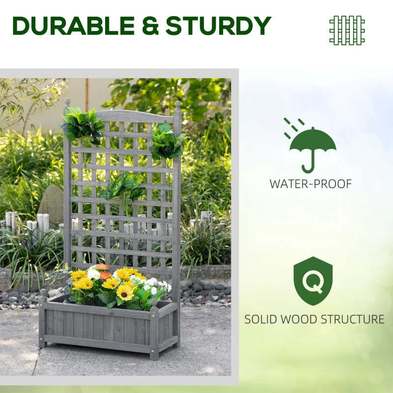 Outsunny Raised Garden Bed with Trellis for Climbing Vines, 25.2" x 11" x 47.2" Wood Planter Box for Garden, Free Standing Flower Bed, Indoor Outdoor Display Rack, Grey