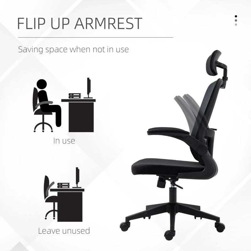 Vinsetto High Back Mesh Chair, Home Office Task Computer Chair with Adjustable Height, Lumbar Back Support, Headrest, and Arms, Black