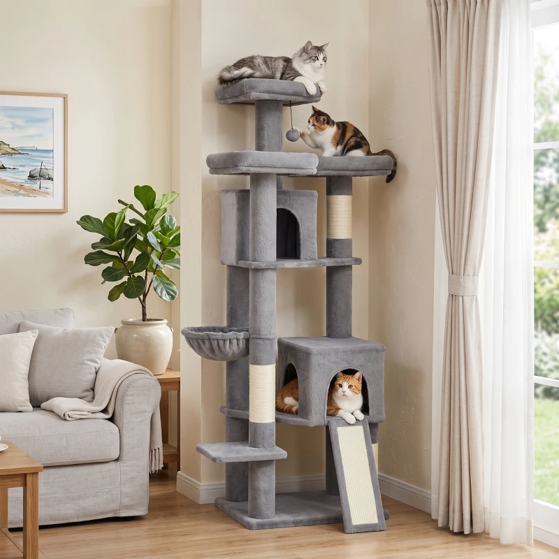 PawHut 72" Cat Tree, Large Cat Tower with 2 Condos, 3 Padded Beds, Hammock, 3 Scratching Posts and Ladder
