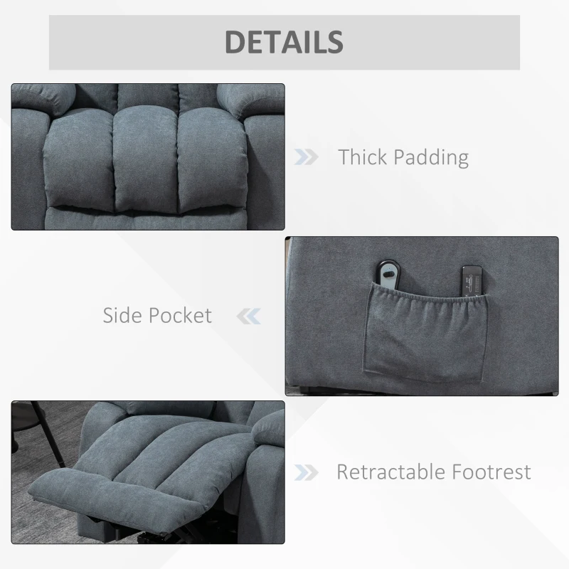 HOMCOM Power Lift Chair for Elderly Big and Tall with Massage, Linen Fabric Upholstered Recliner Sofa Chair with Remote Control, Side Pockets, Grey