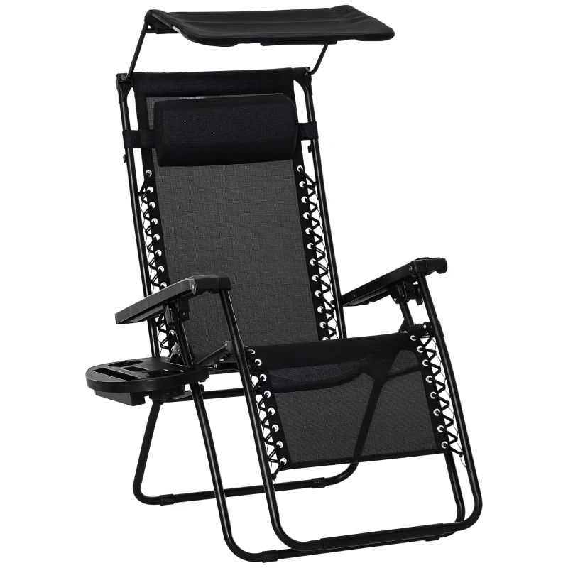Outsunny Outdoor Zero Gravity Reclining Lounger Chair with Canopy Shade, Side Tray, Cupholder, Black