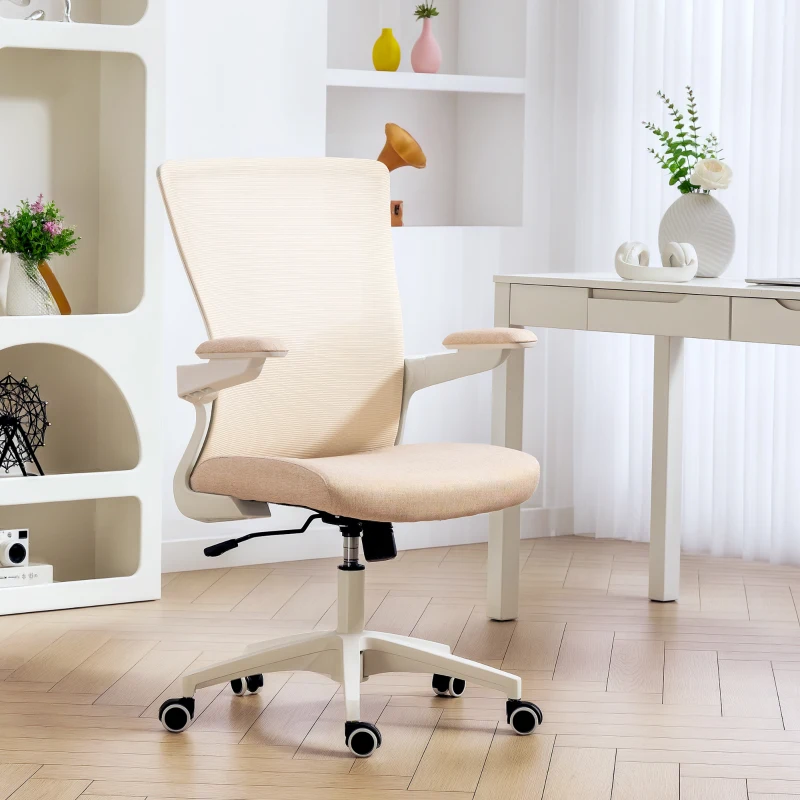 HOMCOM Ergonomic Office Chair, Swivel Desk Chair with Adjustable Lumbar Support and Height, Flip-up Armrests, Wheels, Beige