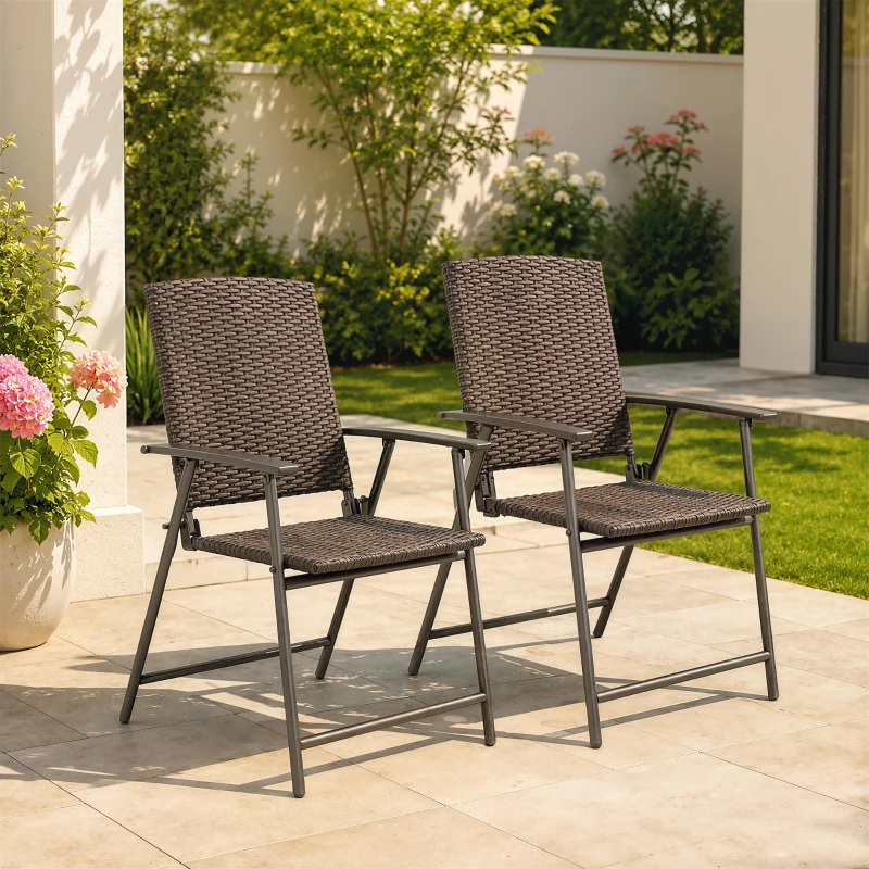 Outsunny Outdoor Wicker Dining Chair Set of 2, 2 Pieces Rattan Foldable Chair with Steel Frame for Garden, Backyard, Porch, Brown