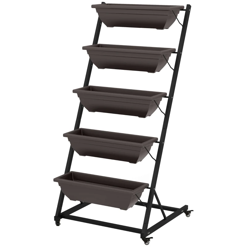 Outsunny 5-Tier Vertical Raised Garden Planter with 5 Boxes, Wheels, Outdoor Plant Stand for Vegetable Flowers, Brown